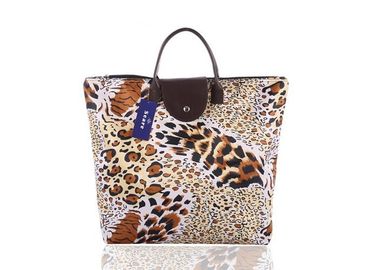Custom Oxford Cloth Folding Portable Shopping Bag With PU Leather Handle